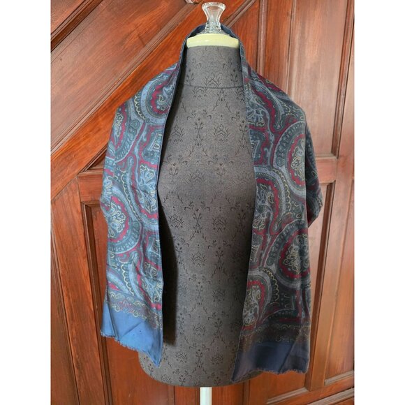 Vintage Blue Red Paisley Scarf Silk Wool Lining - Picture 1 of 4